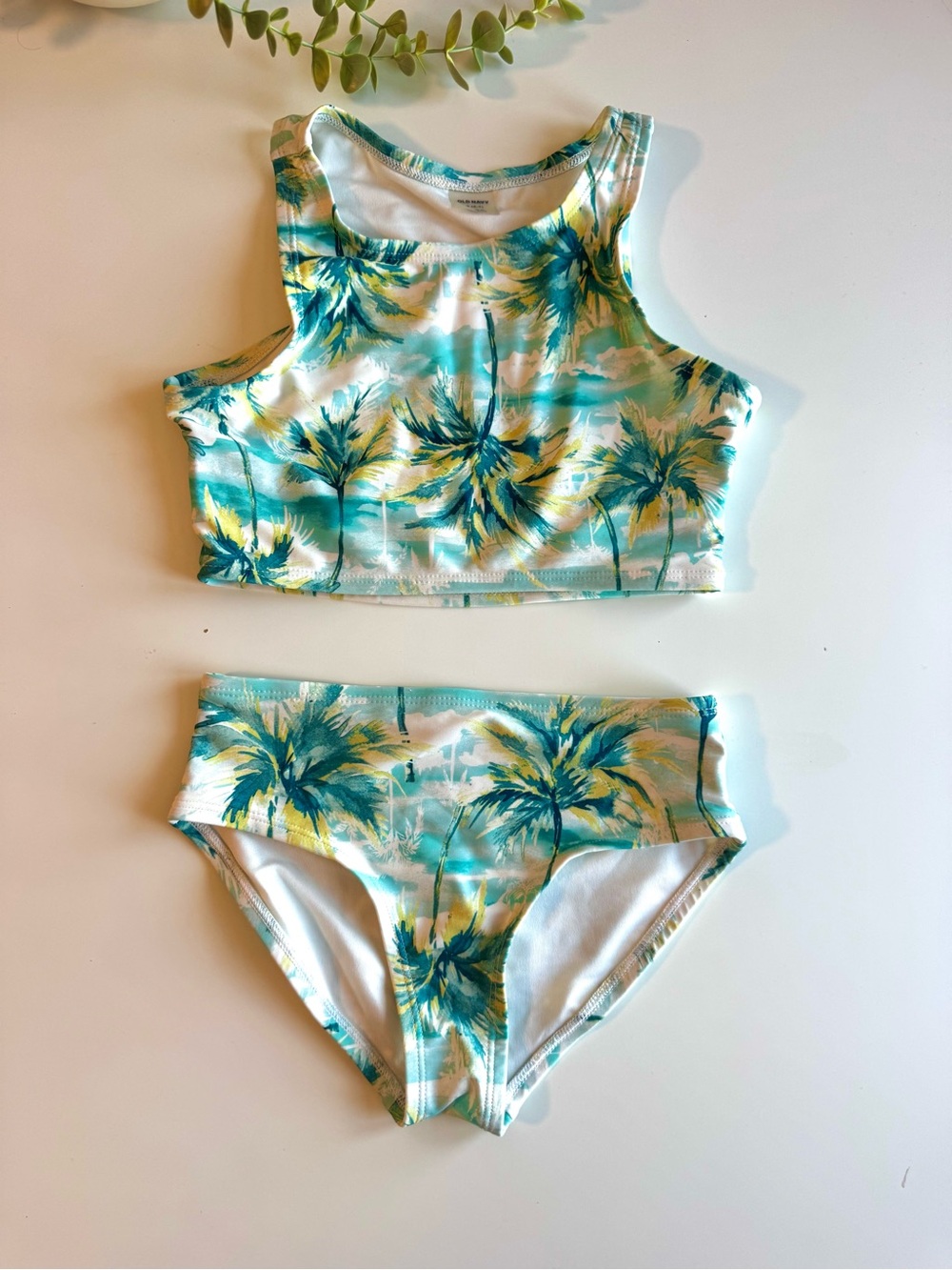 Girls Palm Print Two-Piece Swim Set in Teal and Yellow